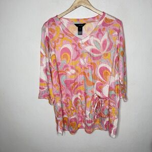 Ali Miles V-Neck Tunic Blouse Pink Orange Abstract 3/4 Sleeve‎ Top Women's Large
